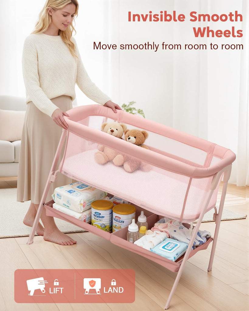 Bassinet, Bedside Bassinet for Baby | Bassinet Bedside Sleeper with Mattress, Storage Basket and 4 Auto-Lock Wheels