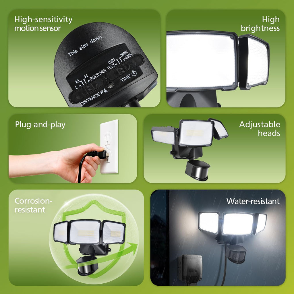 36W Motion Sensor Security Lights Outdoor, 3800 LM LED Dusk to Dawn Plug in Flood Light, 3 Adjustable Heads, 5000K