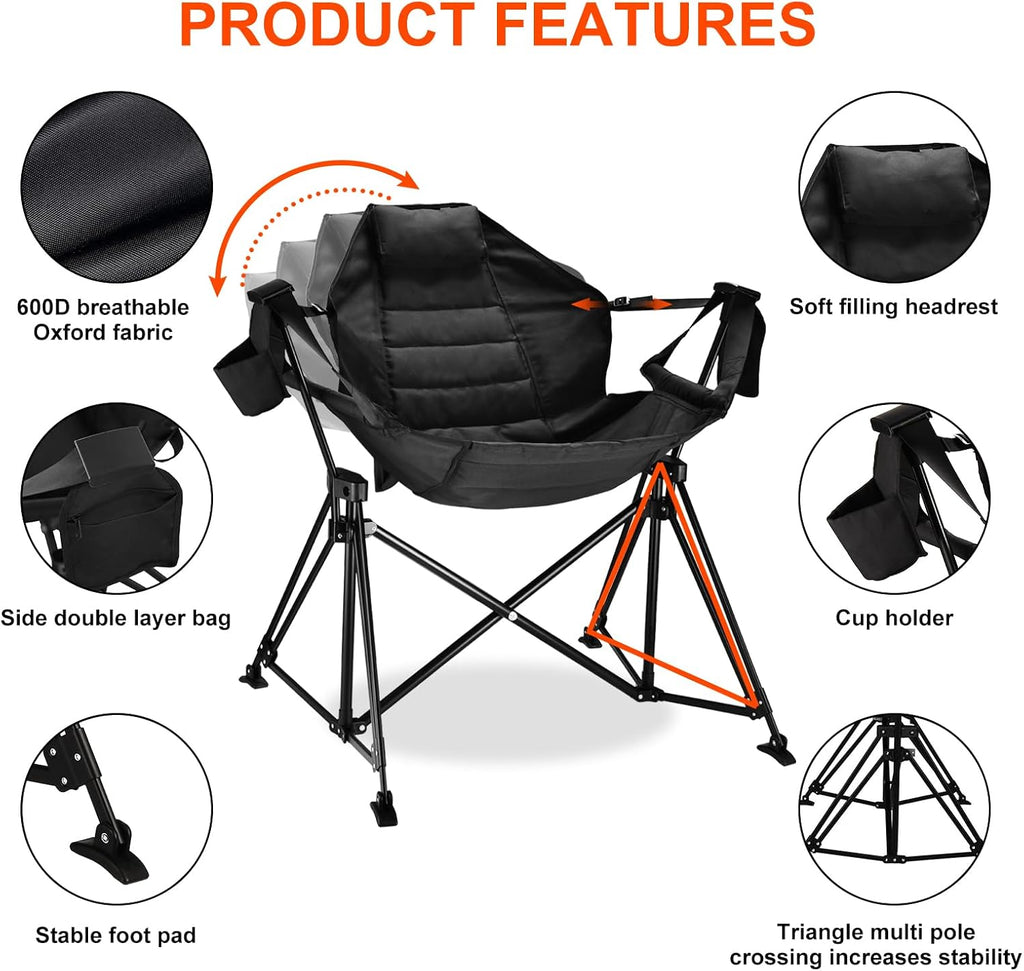 Camping Chair Folding 350lbs Foldable Portable Rocking Chairs for Adults Outside Swinging Camp with Stand Lawn Garden