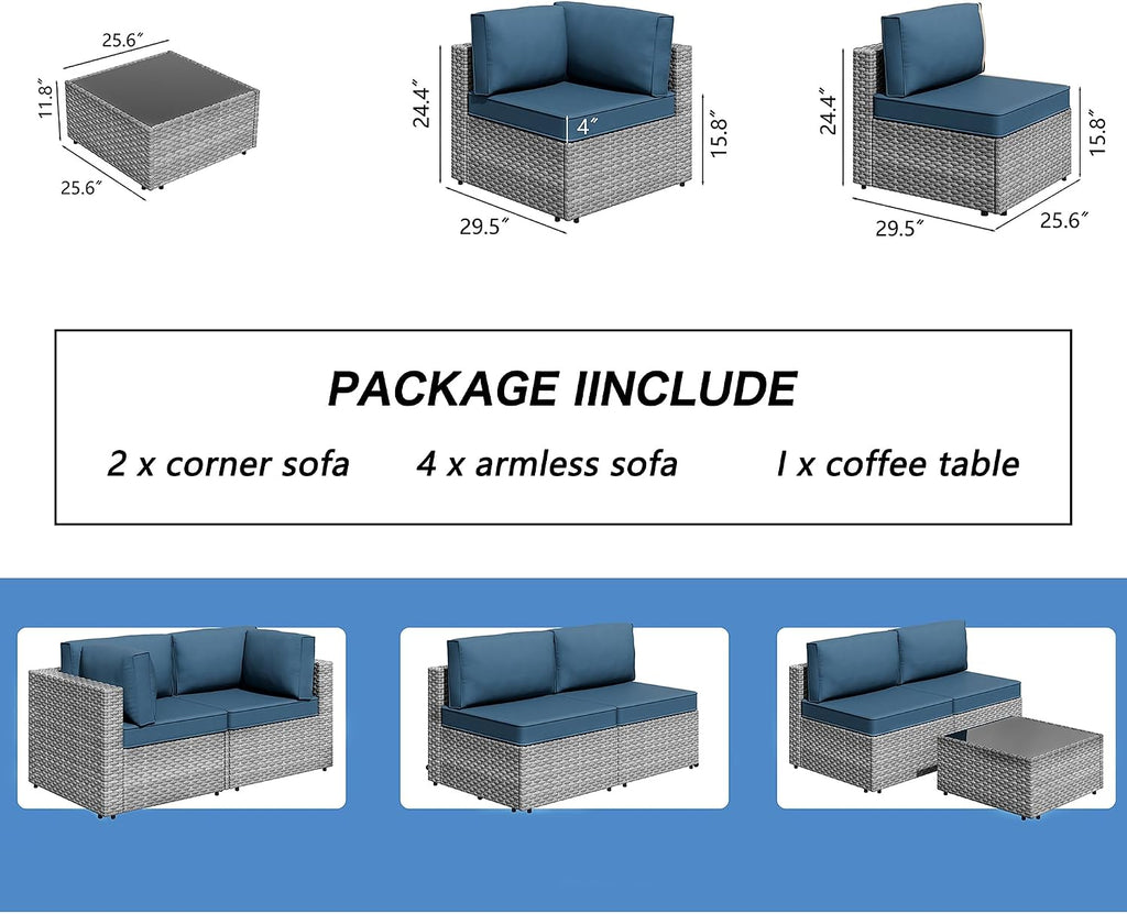 7 Pieces Outdoor Patio Furniture Sets, Patio Sectional Sofa Couch, Gray PE Wicker Furniture Modular Patio