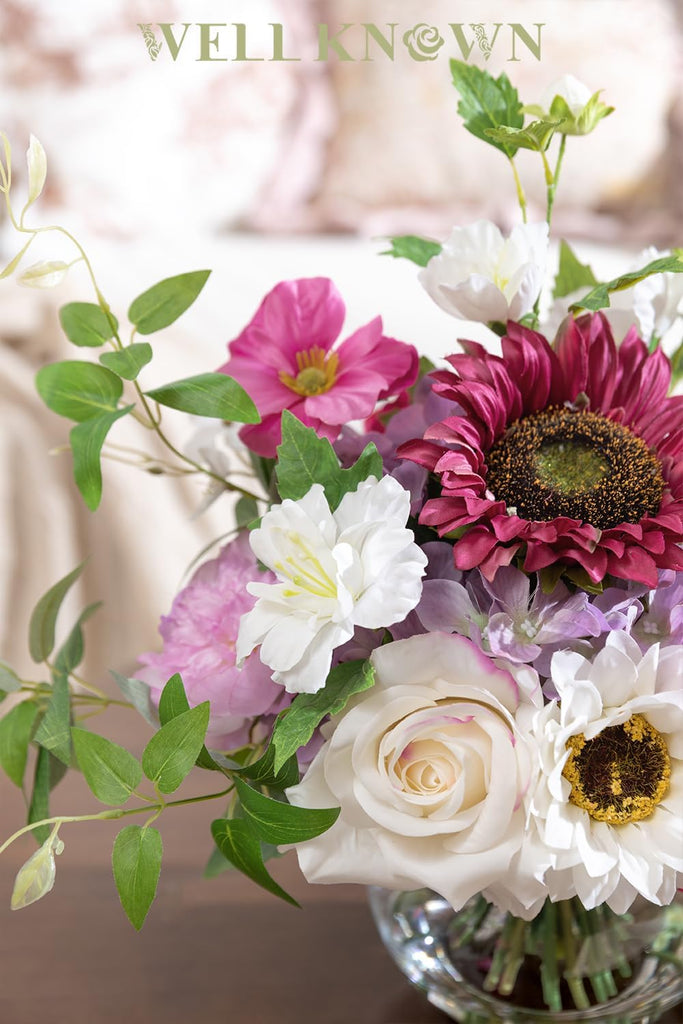 Artificial Flowers Centerpieces in Glass Vase with Fake Water, Silk White Rose Sunflowers Peony Bouquet with Vase for