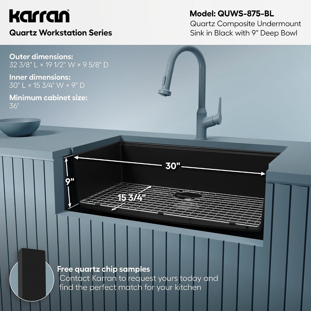 33" Undermount Quartz Composite Workstation Sink, Black | Black workstation sink includes cutting board, colander