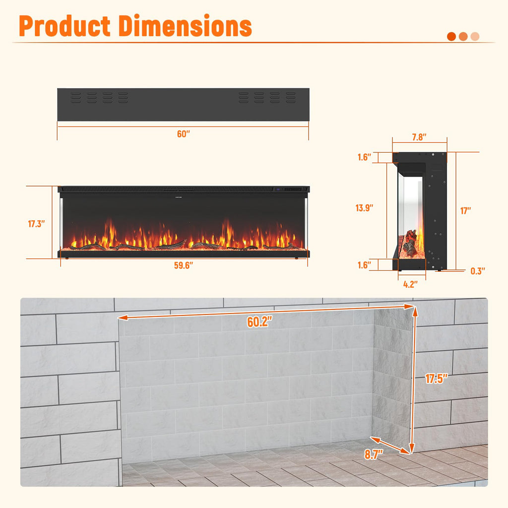 60 Inches 3-Sided Electric Fireplace Insert, Wall-Mounted Heater