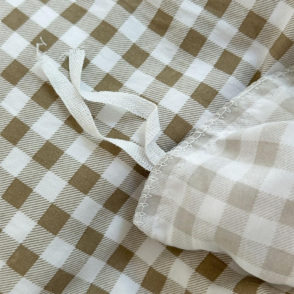 Tan Gingham Ruffle Duvet Cover, 3 Pieces Taupe Soft Pre-Washed Microfiber Checked Plaid Comforter Cover Set