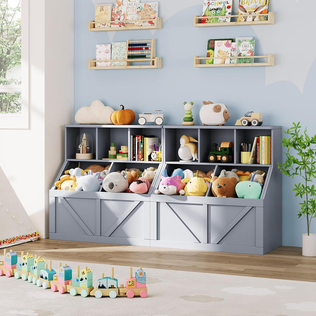 Kids Bookshelf and Toy Storage, Kids Toy Storage Organizer, Grey | Toy Organizer with Storage Cabinet and Cubby