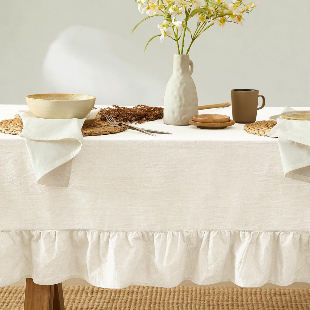 Ruffle Farmhouse Rustic Rectangle Natural Stonewashed Cotton Tablecloth (60x120 inch, White)
