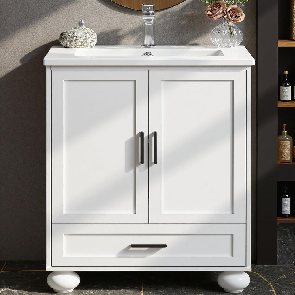 24" Bathroom Vanity with Ceramic Sink - Freestanding Cabinet with 2 Doors, 1 Drawer & Wood Legs
