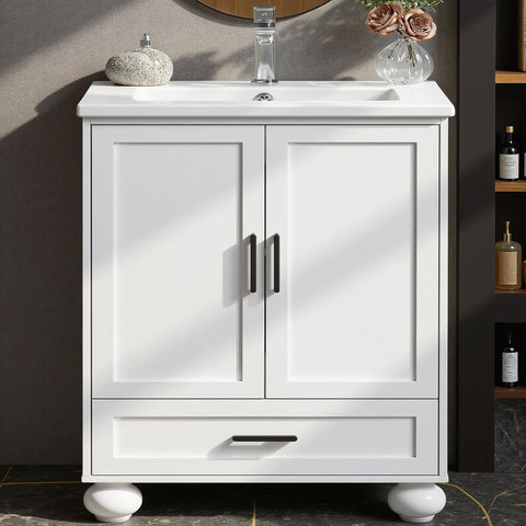 24" Bathroom Vanity with Ceramic Sink - Freestanding Cabinet with 2 Doors, 1 Drawer & Wood Legs