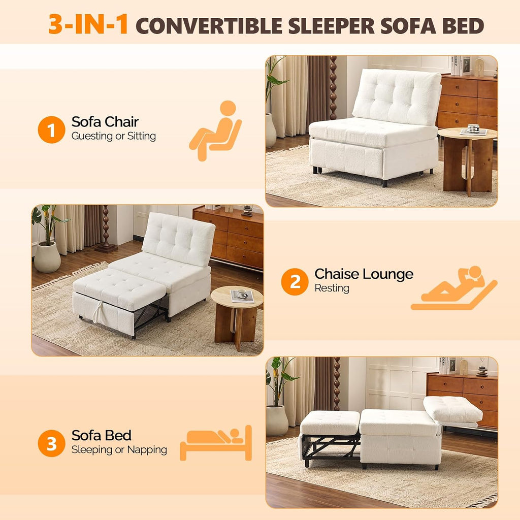 Convertible Sofa Bed Tufted Teddy Fleece Sleeper Chair Bed Couch Armless Living Room Chairs with Adjustable Backrest