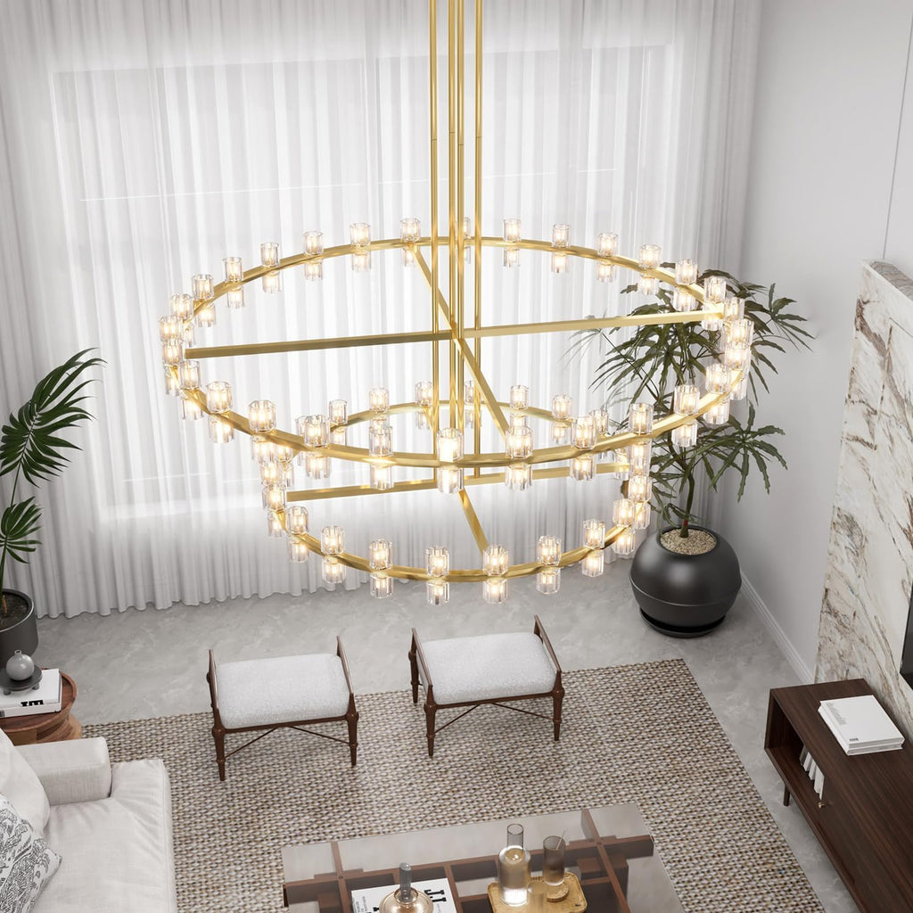 Inspired Arcachon Style 2-Tier Round Wagon Wheel Chandelier, 48" + 59" 108-Light Gold — Foyer, Great Room & Dining