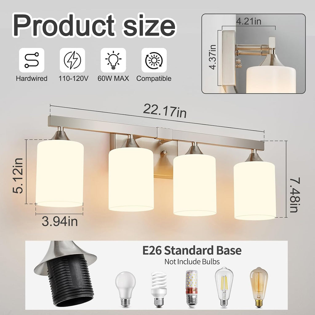 Brushed Nickel Vanity Lights,4-Light Bathroom Light Fixtures,Milky White Glass Shades Wall Lamp,E26 Socket Vanity