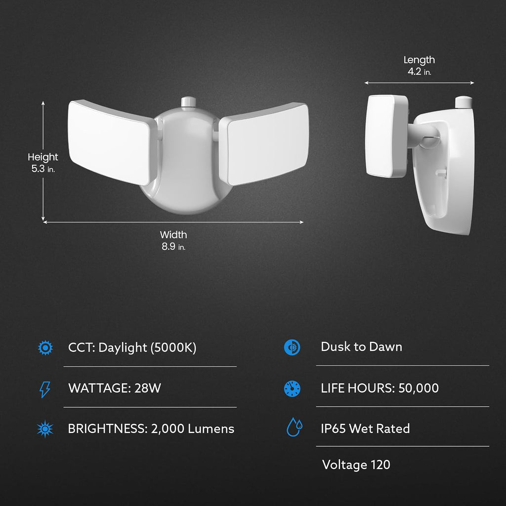 Electric 28W Dusk to Dawn Dual Head Outdoor LED Security Flood Light, 2000 Lumens, 5000K Daylight, Adjustable Heads