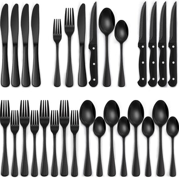 Black Silverware Set with Steak Knives, Black Flatware Set for 4, Food-Grade Stainless Steel Tableware