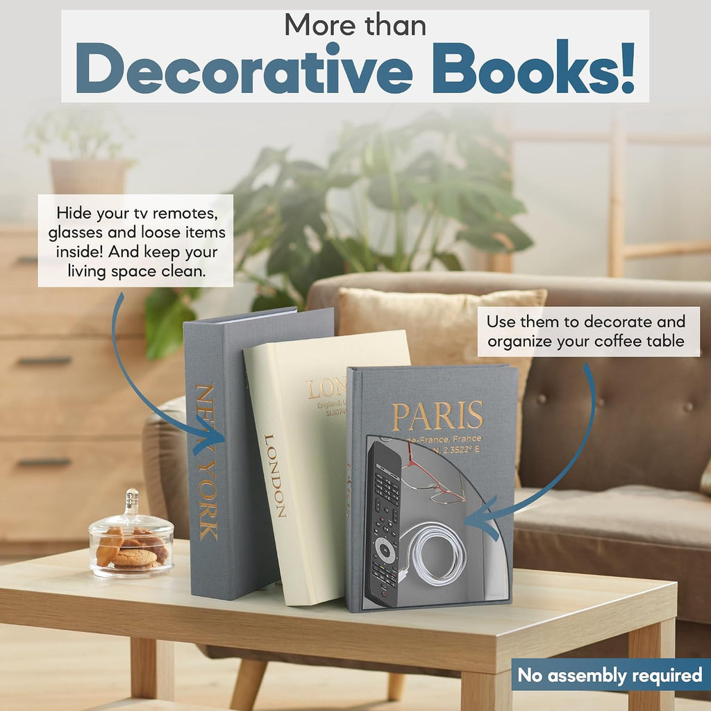 Faux Book Storage Box Set (Set of 3) - Decorative Faux Books with Hidden Storage for Coffee Table Decor, Bookshelf or