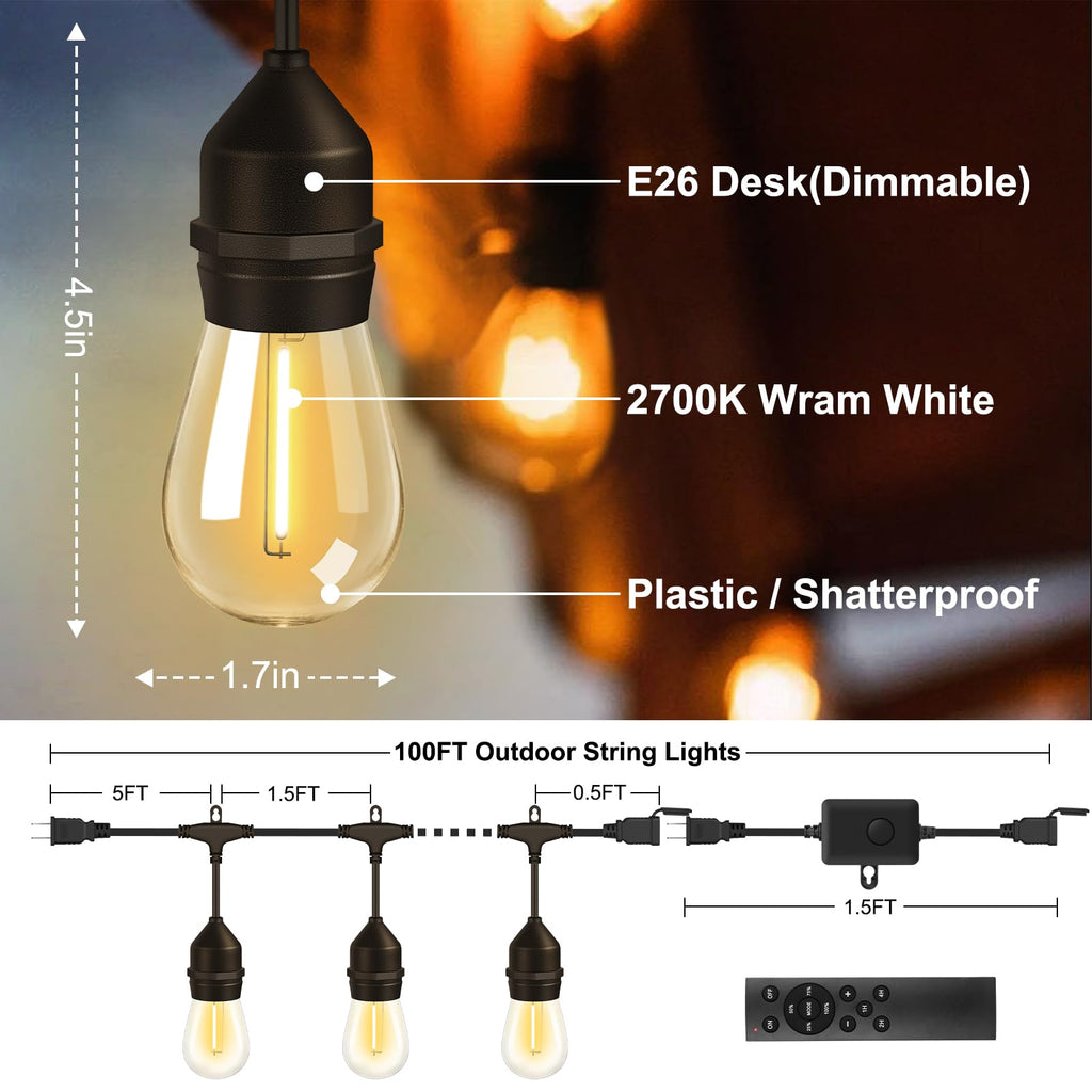 Outdoor String Light 64Bulbs (1.5FT Bulbs Spacing), 120W Dimmer Remote
