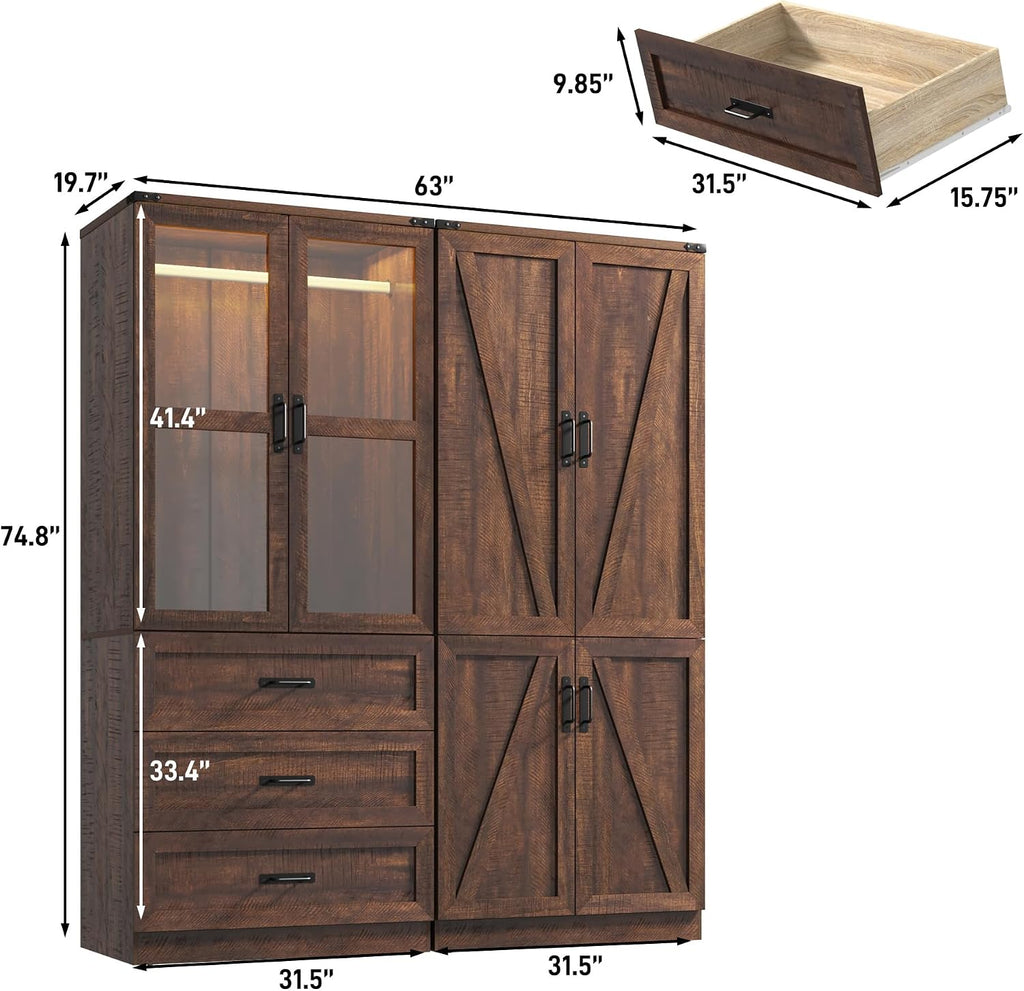75" Tall Farmhouse 4 Doors Armoire Wardrobe Closet with 3 Drawers and LED,Freestanding Closet Wardrobe Cabinet with