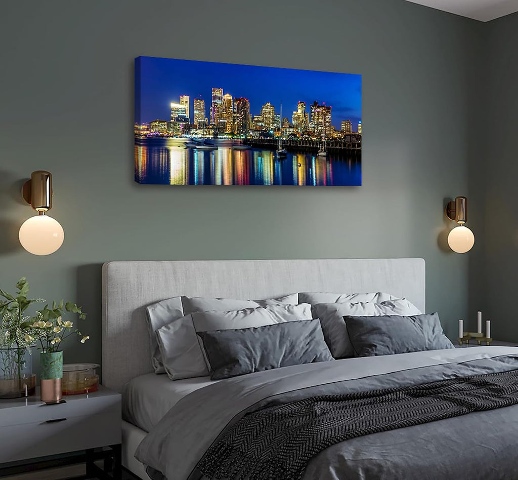 Blue Boston Skyline Canvas Wall Art, USA City Panoramic Night Scene Painting, Large 20"x40" Modern Downtown Skyline