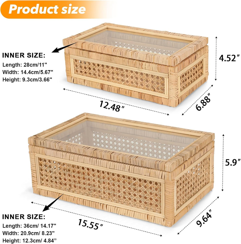 Large Handwoven Boho Rattan Display Boxes with Glass Lids Set of 2 | Rectangular Decorative Storage Bins Natural