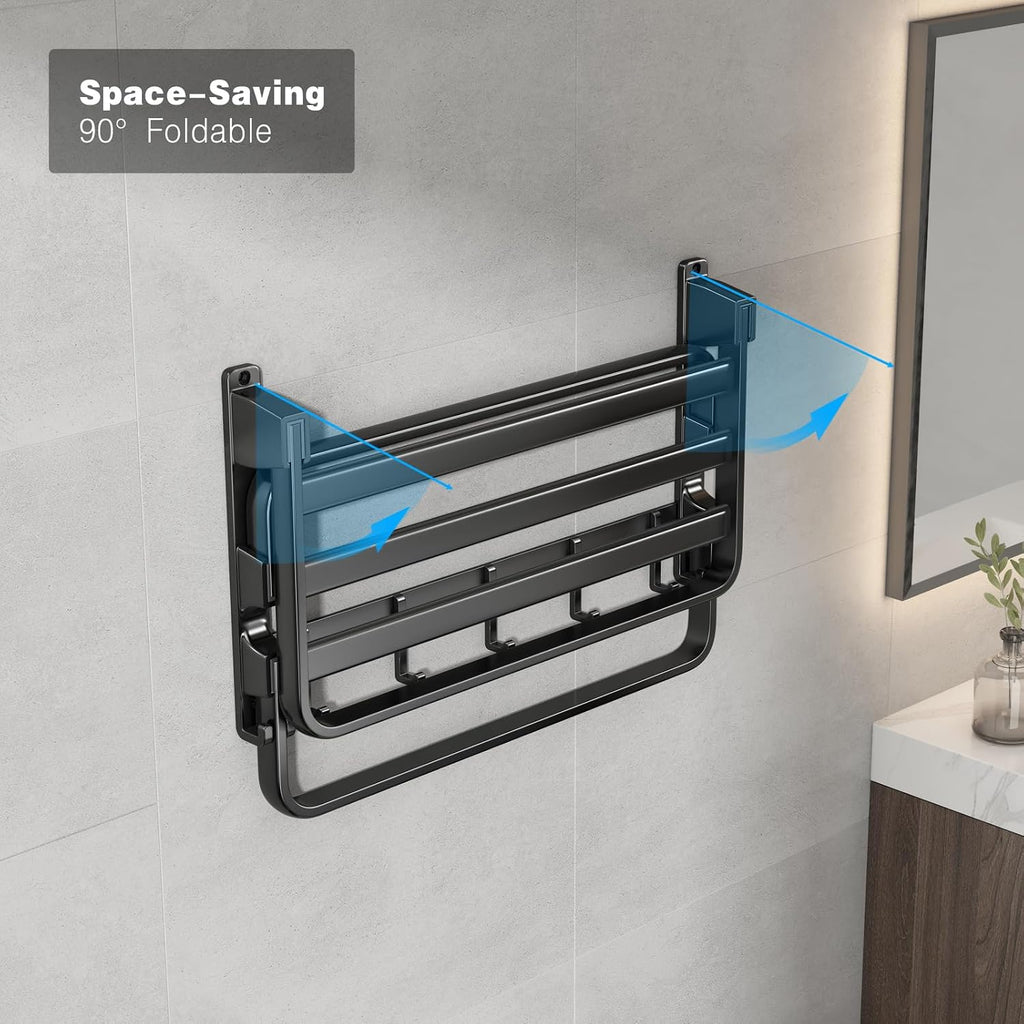 24-Inch Towel Rack,Bathroom Towel Shelf with 2 Towel Bar Foldable Towel Holder with 7 Hooks Towel Storage Organizer &