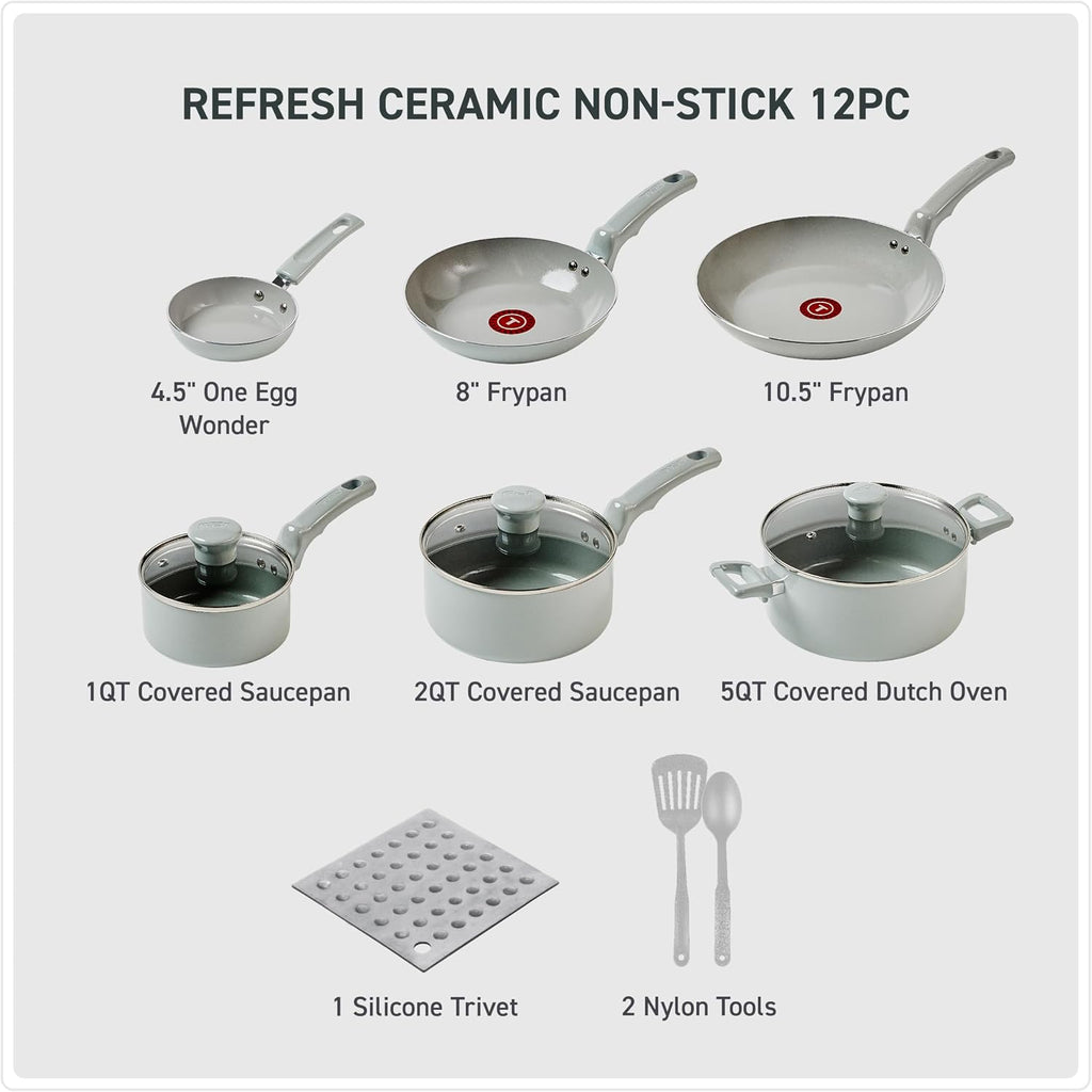 Refresh Ceramic Nonstick Pots and Pans Set, 12-Piece, Moon Grey | Recycled aluminum body, Thermo-Spot heat indicator