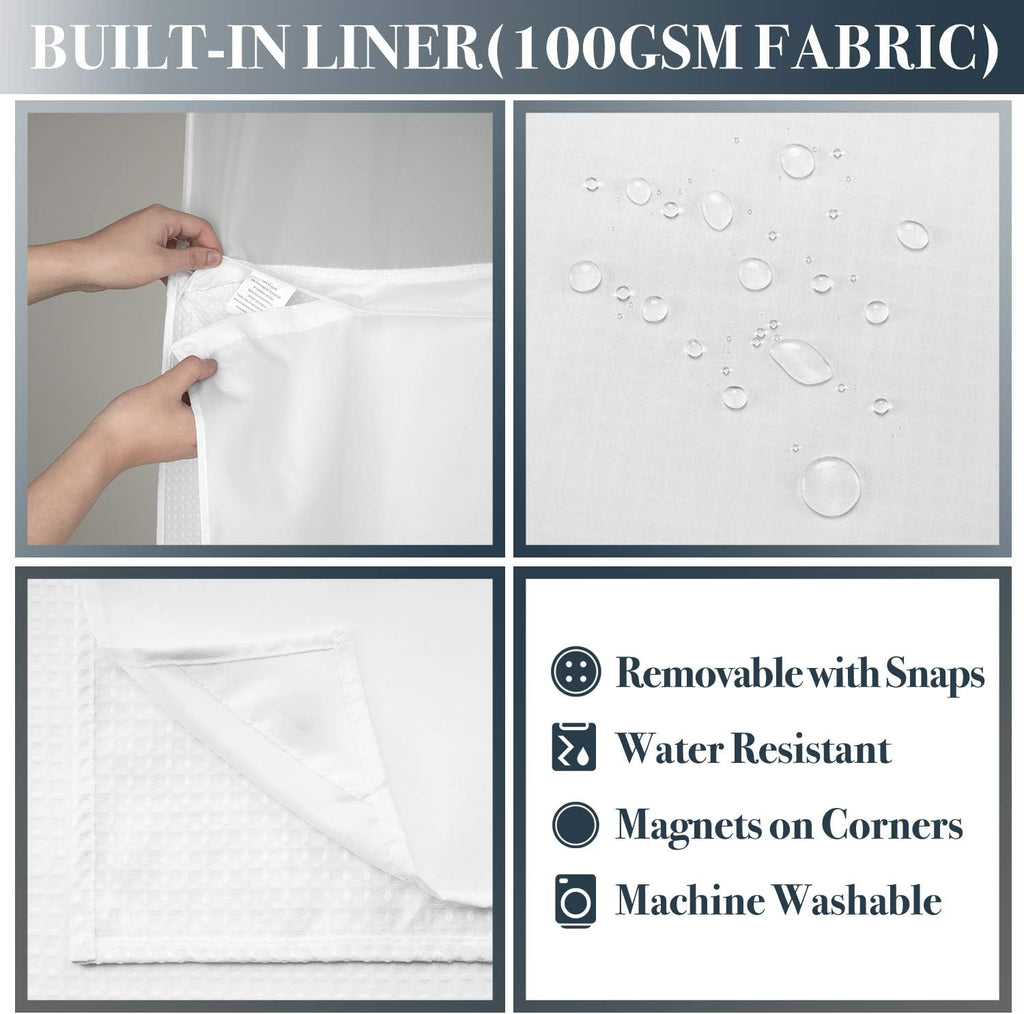 Waffle Weave Shower Curtain with Snap-in Liner Set White, 71x72 | 12 Metal Hooks Included, Snap on/off Fabric Liner