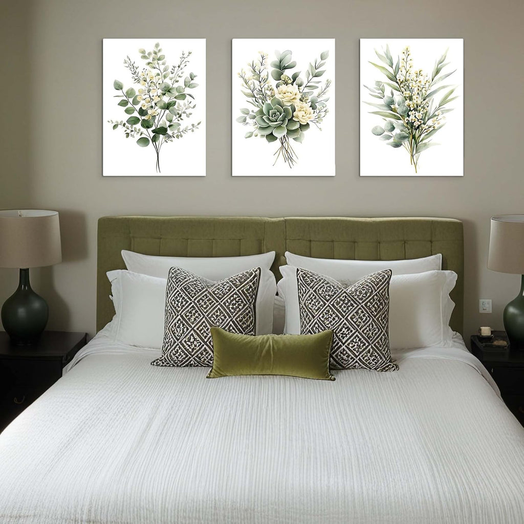 Sage Green Botanical Wall Art, Watercolor Framed Canvas Prints Modern Green Plant White Floral Decor Living Room