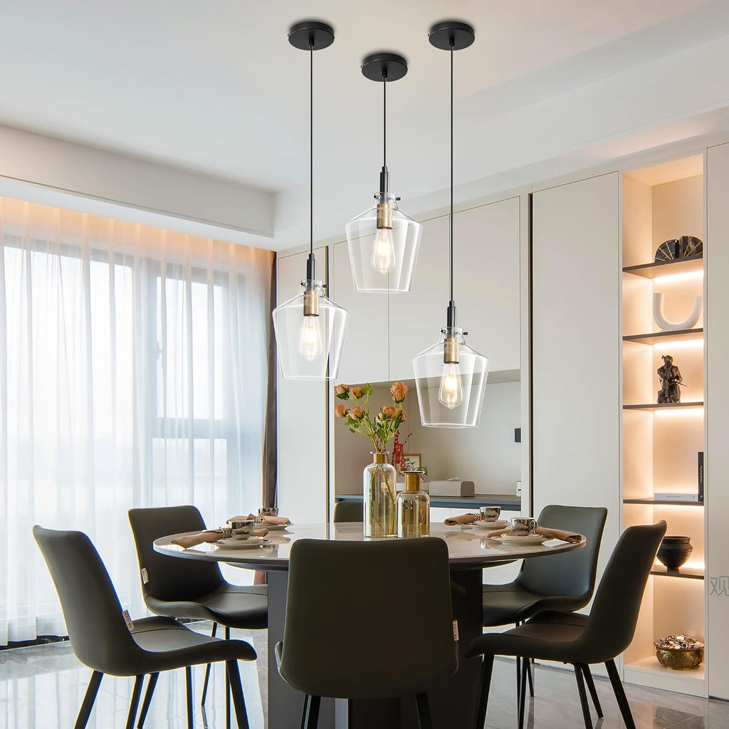 Modern Glass Pendant Lighting for Kitchen Island 2 Pack, Farmhouse Black and Gold Pendant Light Fixtures, Adjustable