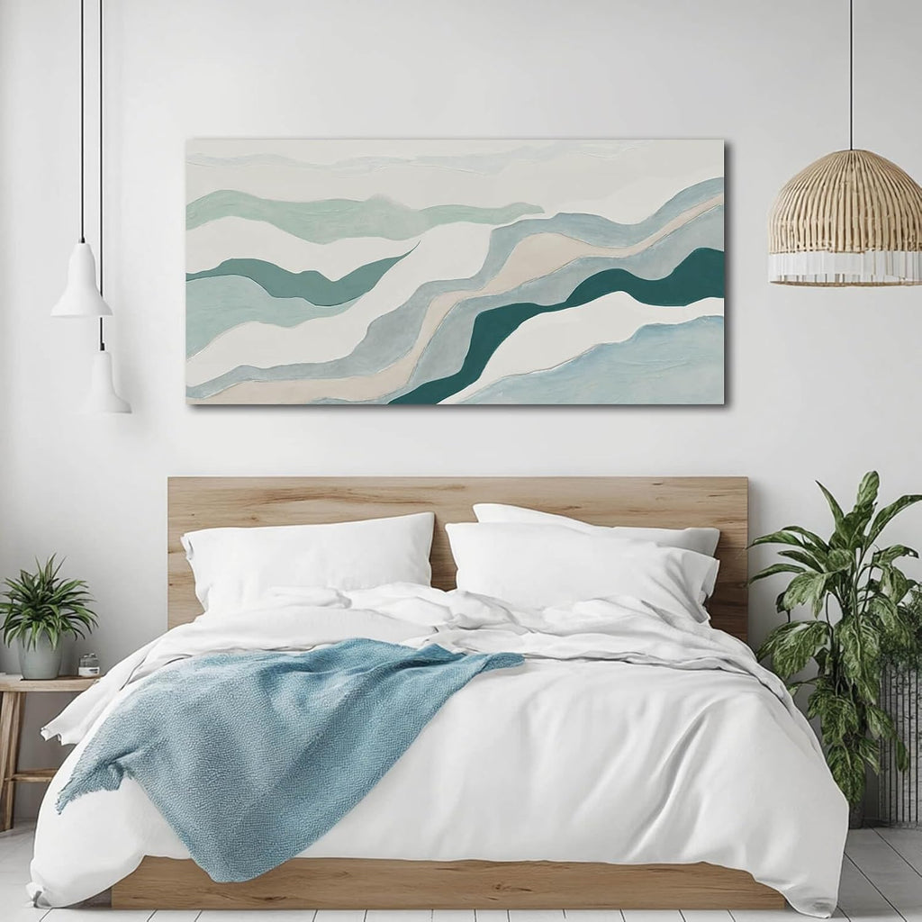 Neutral Abstract Wall Art Geometric Canvas Painting Blue Green and White Pictures Wall Decor Bedroom Modern Artwork