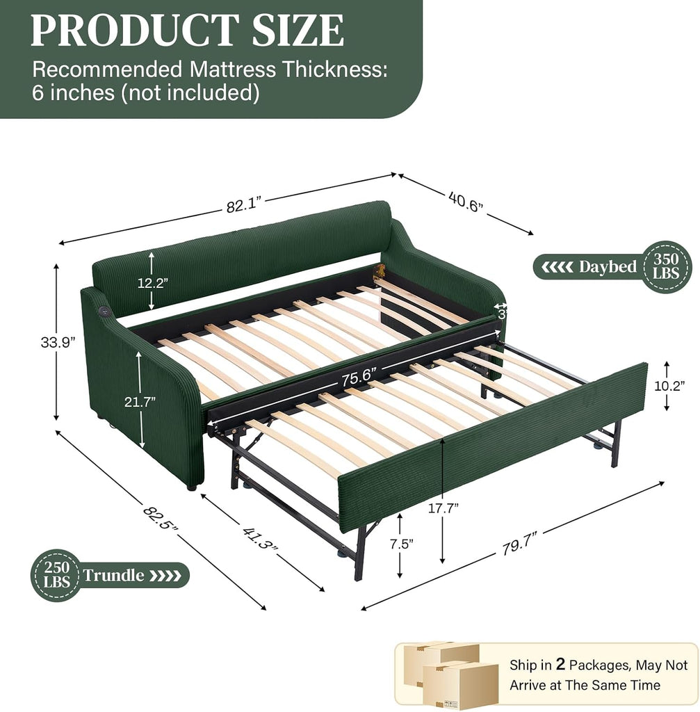 Twin-to-King Daybed with Pop-Up Trundle, USB Port, Corduroy, Green | Twin-to-king daybed with pop-up trundle