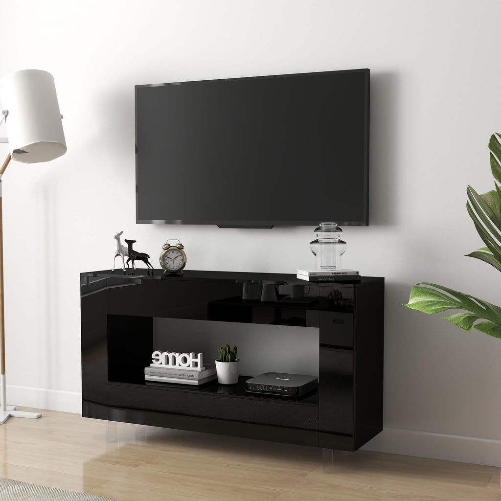 55" with 2 Drawers & Hidden Storage Cabinets, High Gloss Black