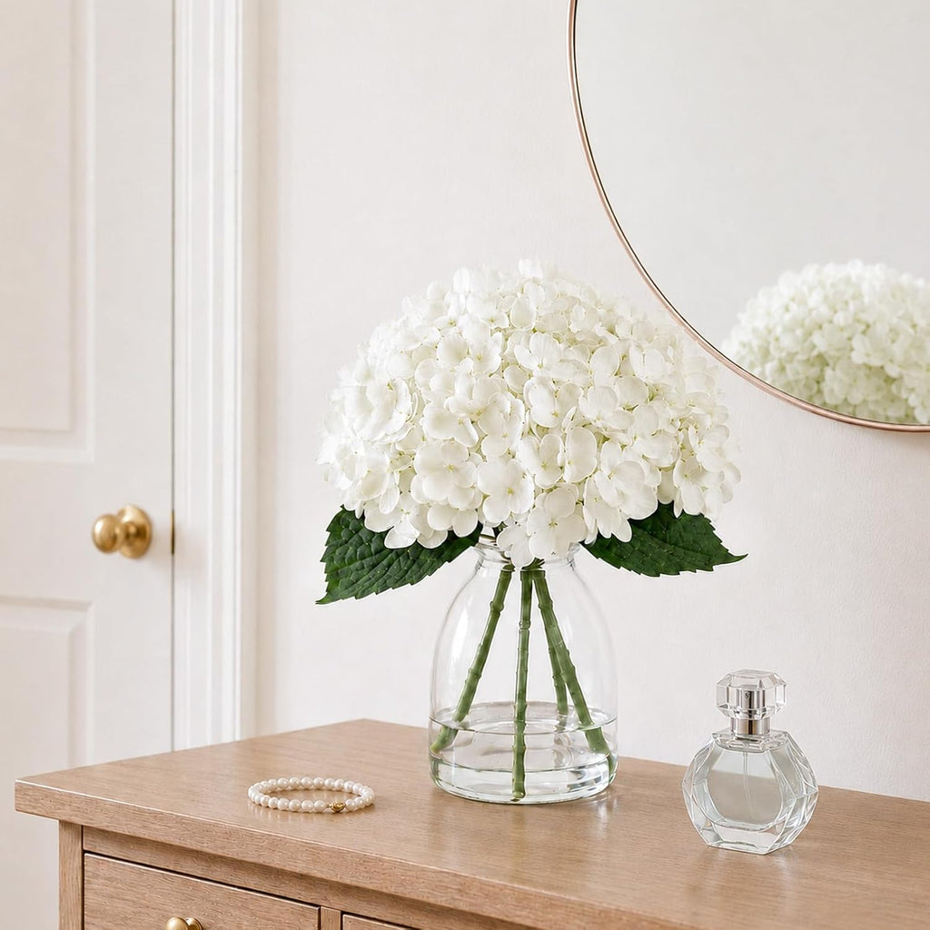 Hydrangea Artificial Flowers in Vase Fake Flowers Decor | White Real Touch Hydrangeas with Faux Water, Realistic Faux