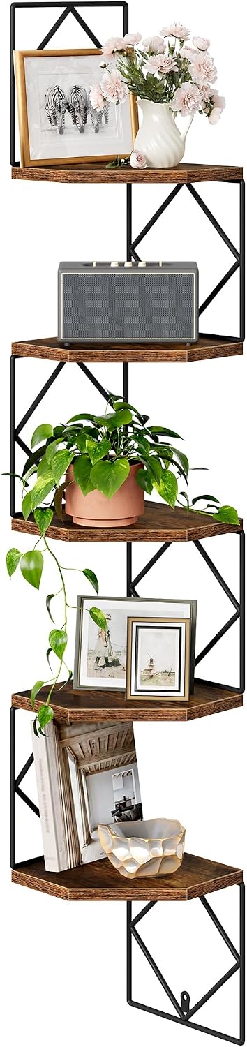 5-Tier Corner Shelf, Floating Shelf, Wall-Mounted Storage Shelf, Wall Decor, Narrow Corner Bookshelf, and Bathroom