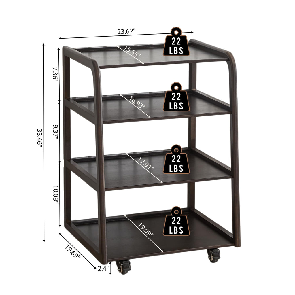 Solid Wood AV Media Stand, 4-Tier Audio Rack with Lockable Casters