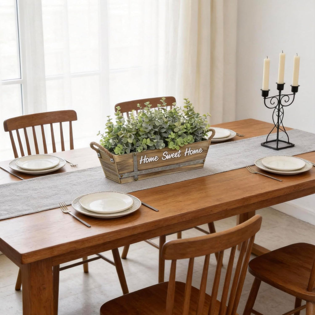 Artificial Eucalyptus Table Centerpiece in Wooden Box, Faux Greenery Arrangement with "Home Sweet Home" Sign, Jute
