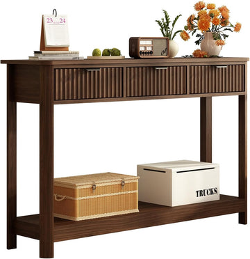 Fluted Wood Console Table with 3 Drawers, Boho Narrow Behind Couch Entryway Table with Open Storage Shelf, Modern