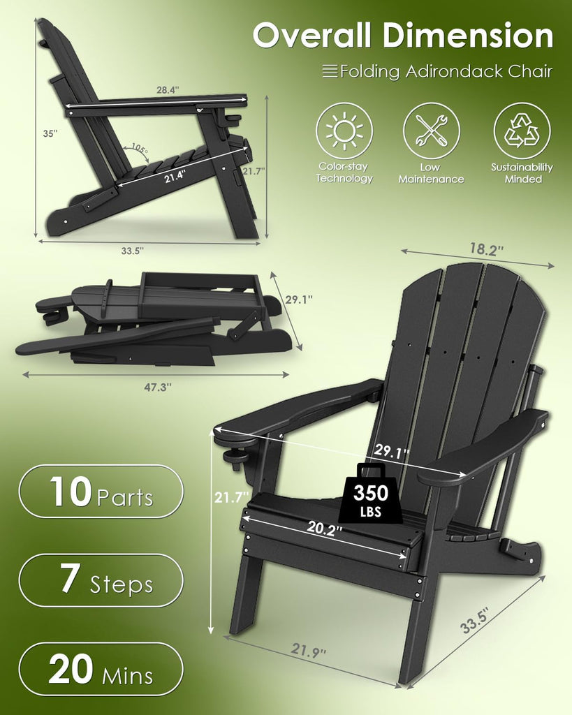 Folding-Adirondack-Chairs Set of 2, HDPE All Weather, Black | Hidden Cup Holder | 5" Wide Armrests | Foldable Fire