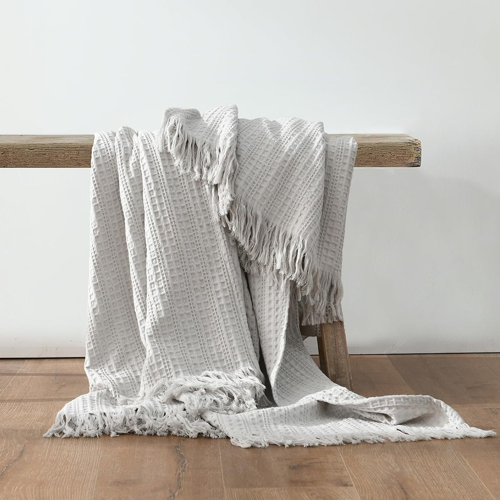 100% Cotton Waffle Blanket with Fringe, Pre-Washed Waffle Weave Blanket for All Season, Lightweight Breathable Soft