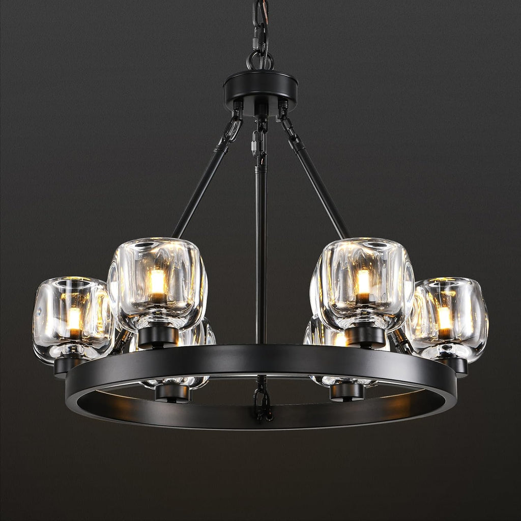 Black Wagon Wheel Chandelier, 24 Inch Black Chandeliers with Unique Glass Shade, 6-Light Crystal Farmhouse Wagon Wheel Chandeliers for Dining Room, Round Chandelier for Living Room, Foyer, Entryway A126-B0DT4D42YB