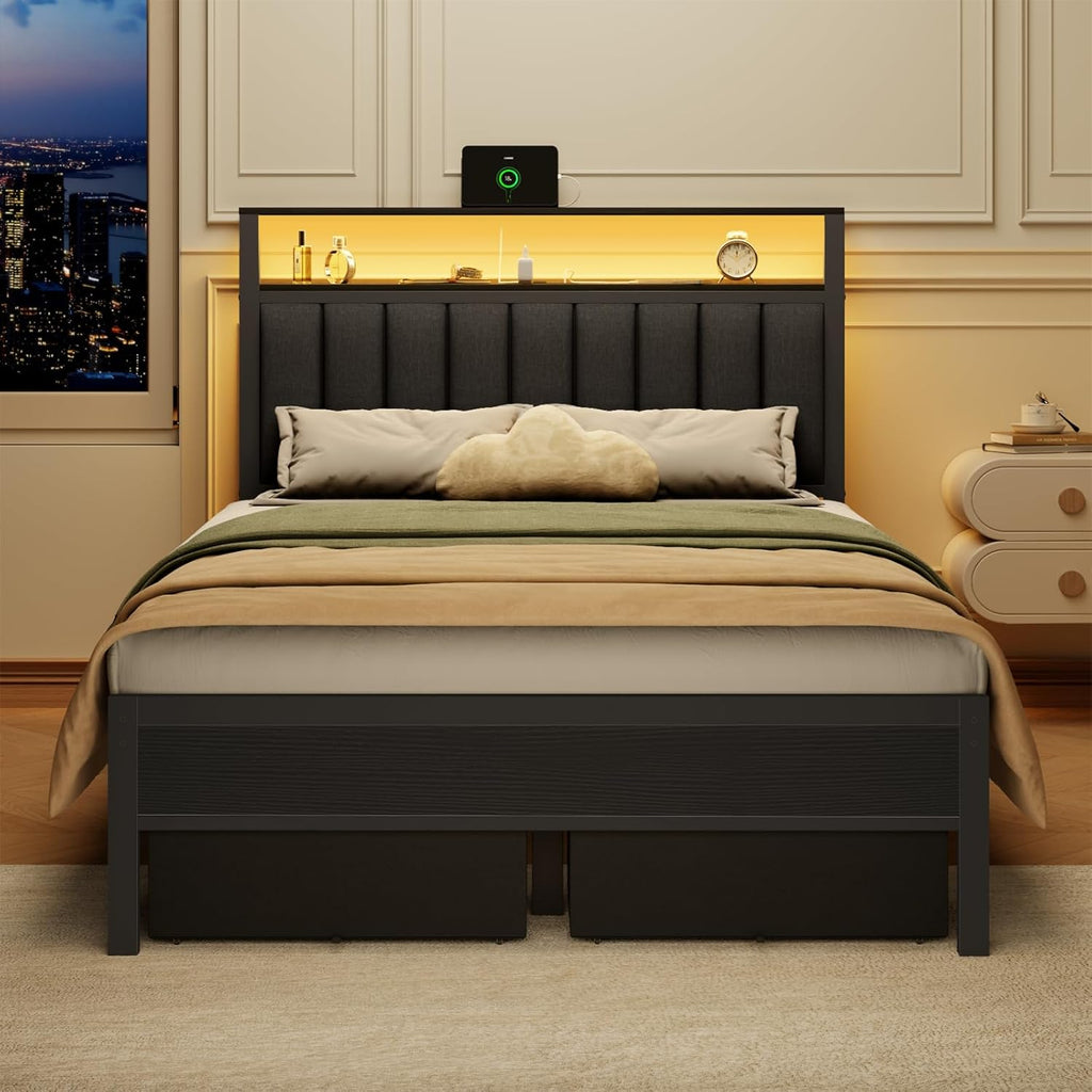 Full Bed Frame with Charging Station and LED Lights, Grey Upholstered Headboard with Shelves