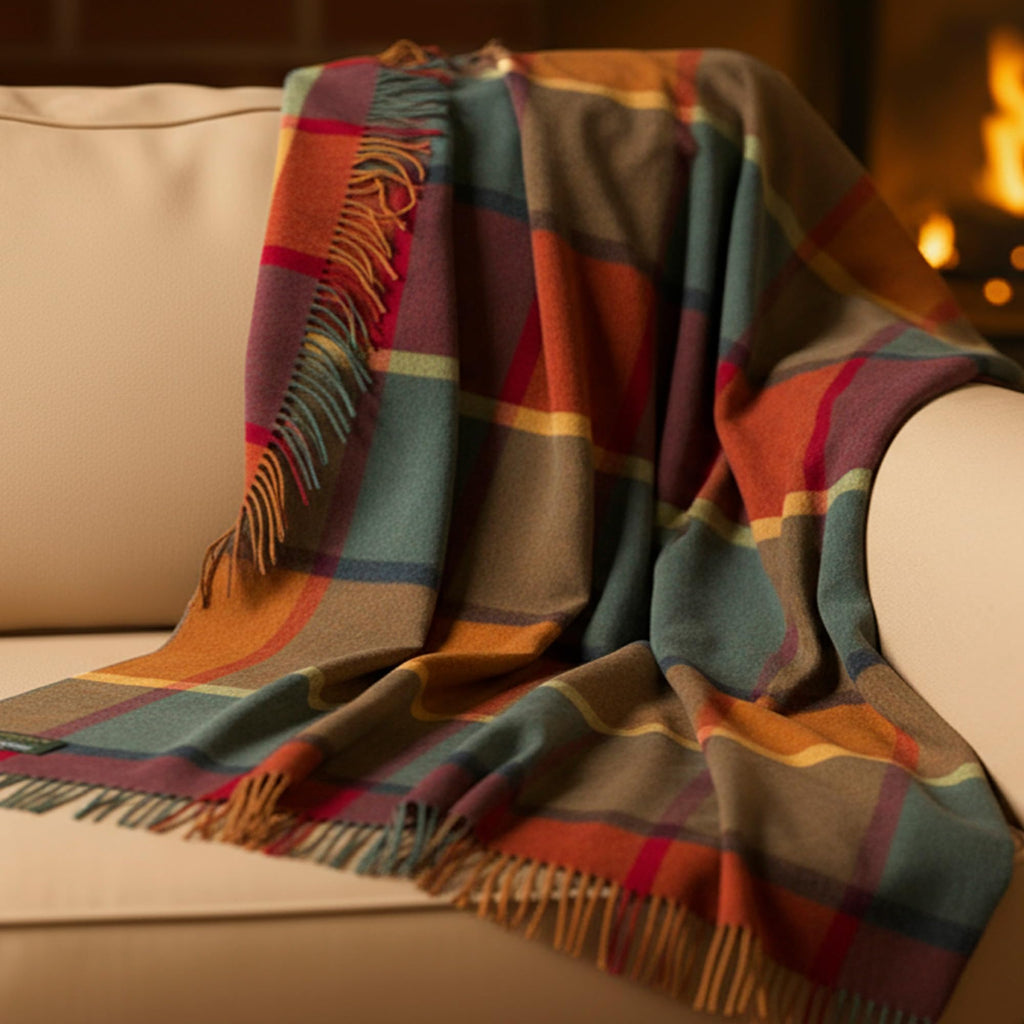 Irish Wool Throw Blanket, 54x71in, Orange Green Yellow Tartan
