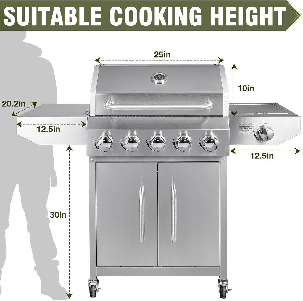 5+1 Burner Propane Gas Grill, 68,000 BTU Stainless Steel BBQ with Cast Iron Grates, Side Burner, 647 Sq. In. Cooking Area and Oil-Drain Plates for Outdoor Cooking