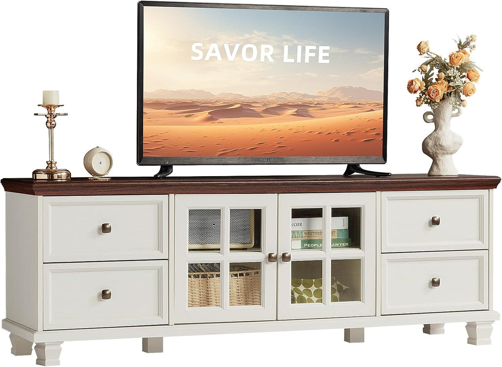 TV Stands for Living Room, Farmhouse Entertainment Center, Rustic Wood TV Stand with Drawers for 75 Inch TV, White