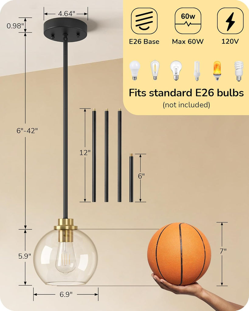 Mid Century Kitchen Pendant Lighting Over Island 2 Pack, Clear Glass Globe Shade, Hardwired Black and Gold Adjustable