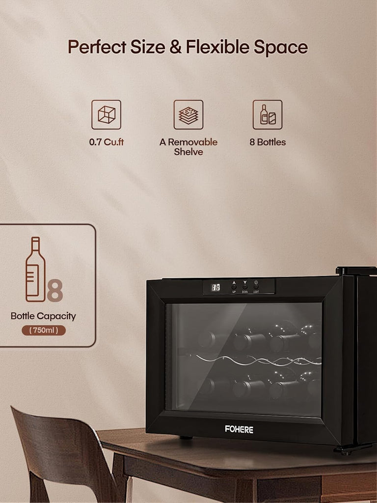 8 Bottles Countertop Wine Fridge, Small Wine Fridge with Double Glass Doors, LED