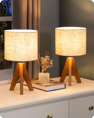 Small Table Lamp, Wooden Tripod Nightstand Lamp, 14.2", 2 Pack