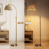64'' Adjustable Arc Floor Lamp with Natural Rattan Woven Shade, Brushed Gold Mid-Century Modern Boho Floor Lamp