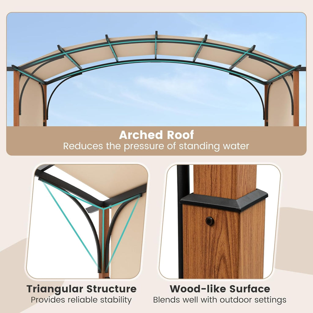 Arched Patio Shelter Pavilion with Retractable Sun Shade Canopy, Extra Large Outdoor Pergola for Deck, Porch, Garden