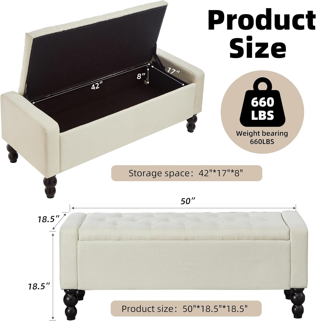 50" W Storage Ottoman Bench with Safety Hinge, Load up to 660 lb Ottoman with Storage, Upholstered Tufted Entryway