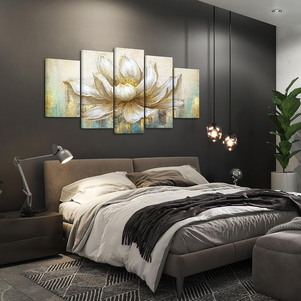 Large 5 Pieces Lotus Flower Blooming Wall Art Canvas Print Painting Modern Peaceful Still Life Artwork Zen Golden