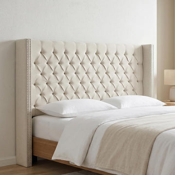 Upholstered Headboard | Nail Head Trim Wingback Button Tufted | Queen, Cream